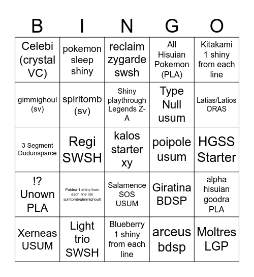 2025 Shiny Bingo Card Bingo Card