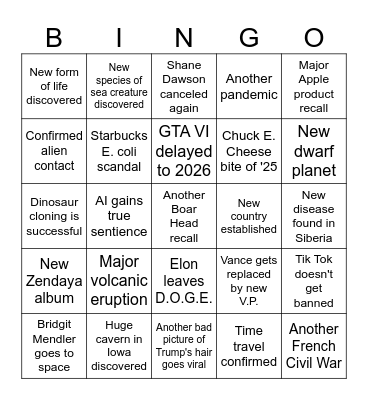 2025 Predictions Bingo Card