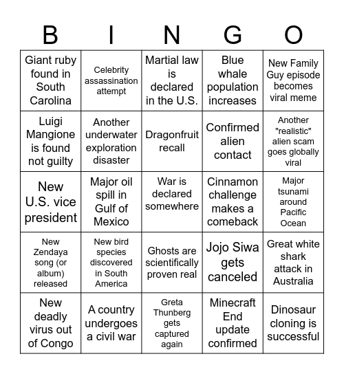 2026 Predictions Bingo Card