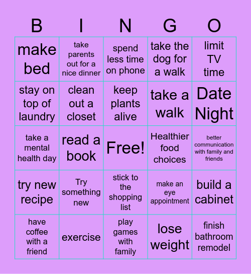 New Year's Resolutions Bingo Card