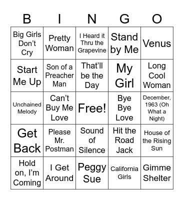 Songs from the 60's & 70's - 1 Bingo Card