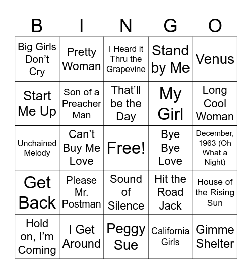 Songs from the 60's & 70's - 1 Bingo Card