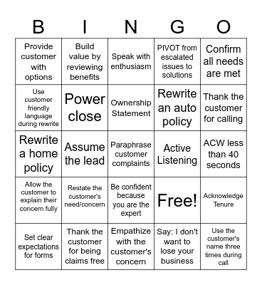 Retention Bingo Card