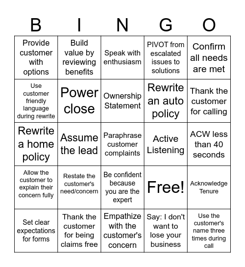 Retention Bingo Card
