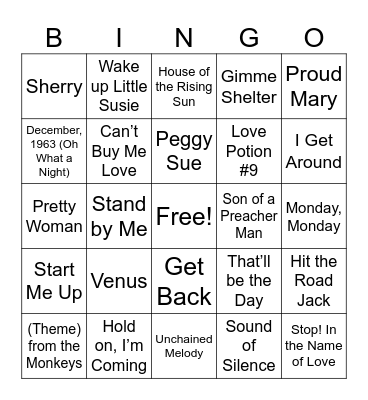 Songs from the 60's & 70's - 1 Bingo Card