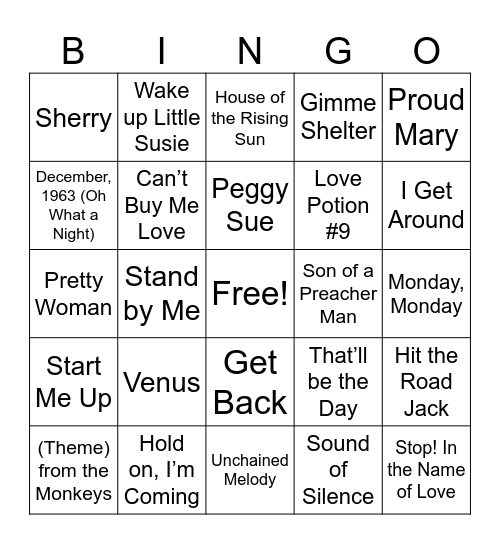 Songs from the 60's & 70's - 1 Bingo Card