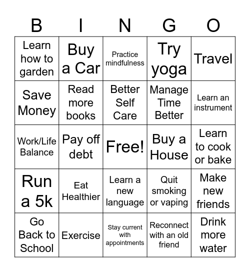 New Years Resolutions BINGO Card