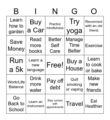 New Years Resolutions BINGO Card