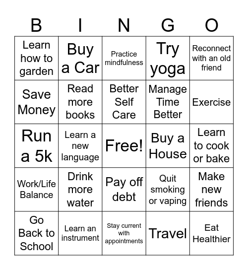 New Years Resolutions BINGO Card