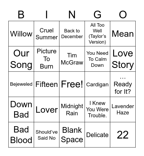 Taylor Swift Sing-O Bingo! Bingo Card