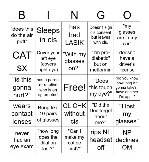 OPTOMETRY BINGO Card