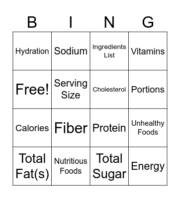 Nutrition Vocabulary Bingo Card