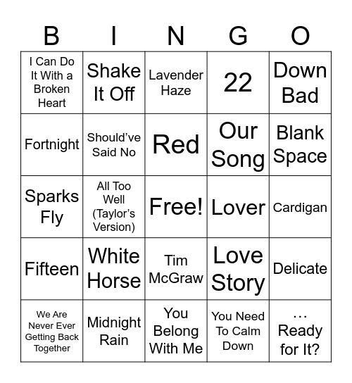 Taylor Swift Sing-O Bingo! Bingo Card