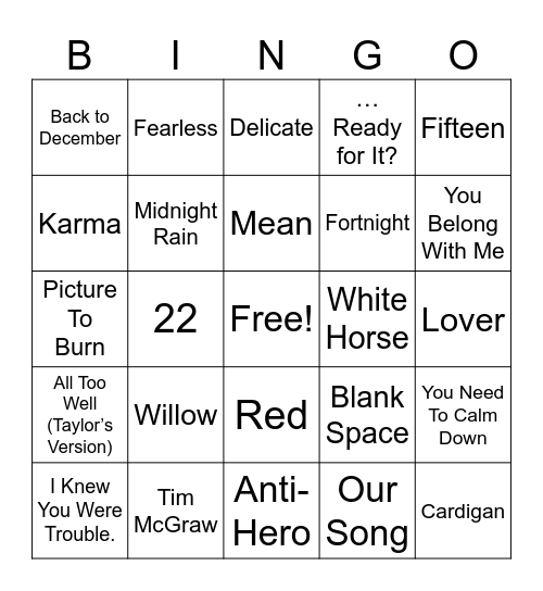 Taylor Swift Sing-O Bingo! Bingo Card