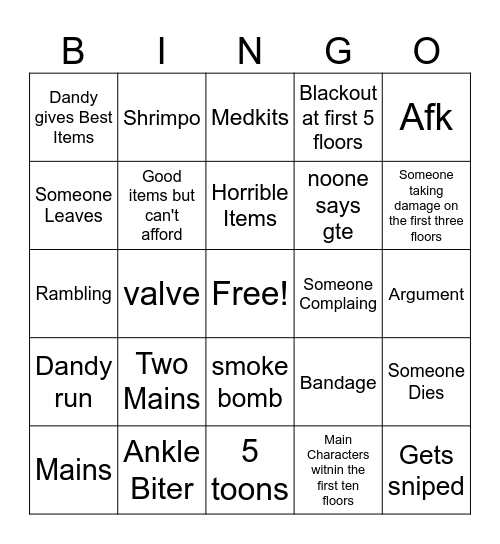Dandy's World Bingo Card