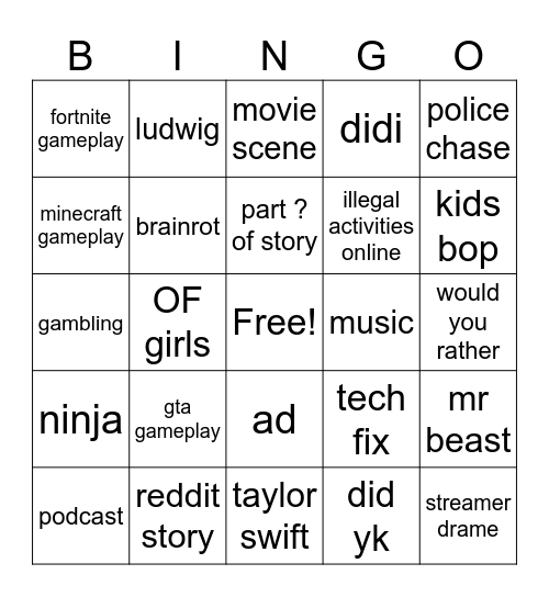 YT Shorts bingo Card