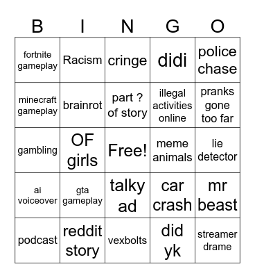 YT Shorts bingo Card