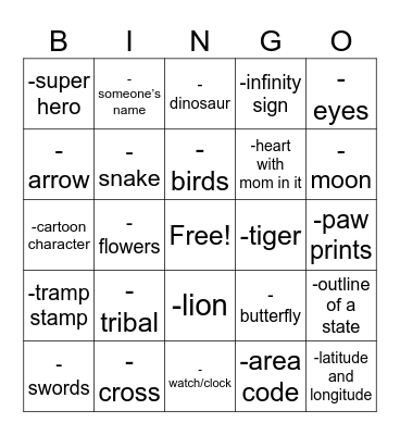 Tattoo Bingo Card