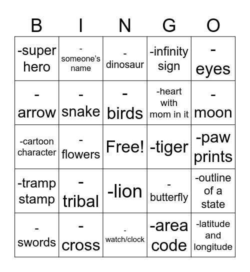 Tattoo Bingo Card