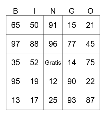 Spanish Numbers Bingo Card