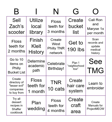 Esther's New Year's Goals Bingo Card