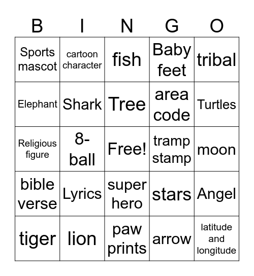 Tattoo Bingo Card