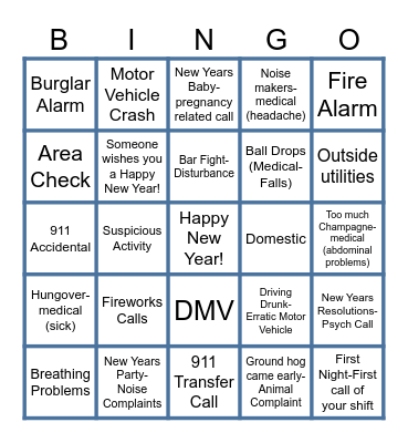 New Years Bingo Card