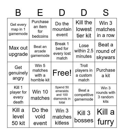 Bedwars bingo card Bingo Card