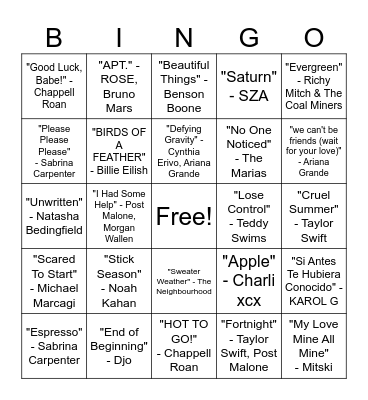 Top Songs of 2024 Bingo Card