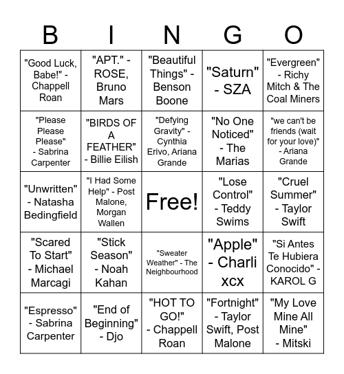 Top Songs of 2024 Bingo Card