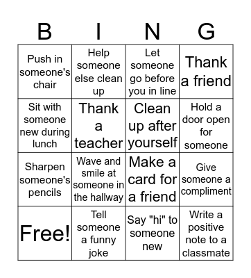 Random Acts of Kindness Bingo Card