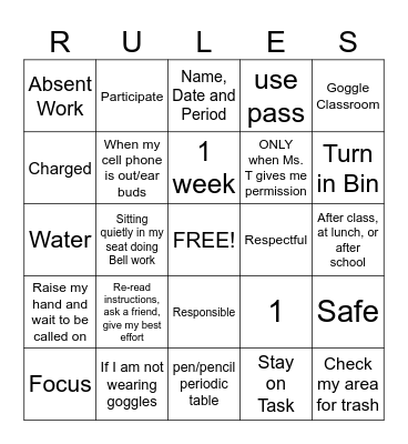 Classroom Rules, Expectations, & Procedures Bingo Card