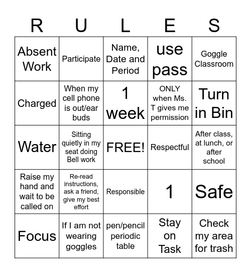Classroom Rules, Expectations, & Procedures Bingo Card
