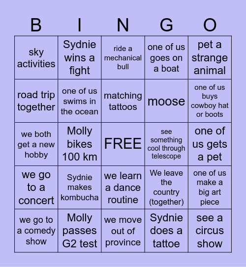 SYDNIE MOLLY 2025 BINGO CARD Bingo Card