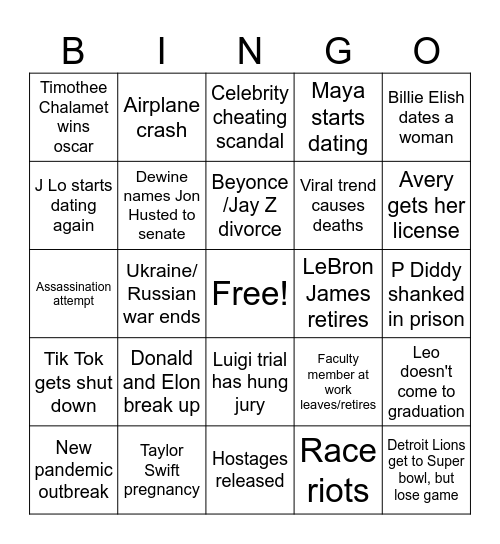 2025 Bingo Card Bingo Card