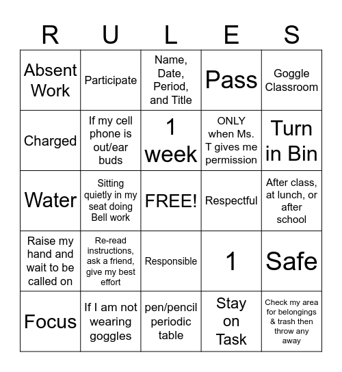 Classroom Rules, Expectations, & Procedures Bingo Card