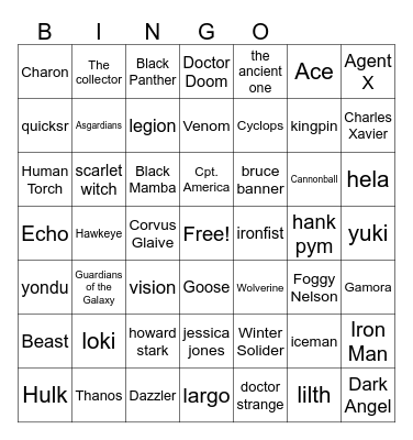 Marvel Bingo Card
