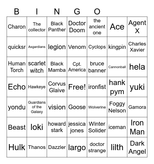 Marvel Bingo Card