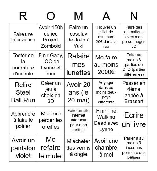 Carte de Bingo (de Roman) de 2025 !! Bingo Card