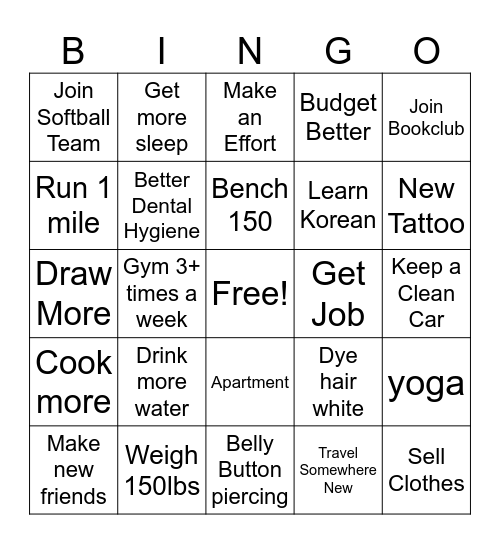 New Year's Resolution BINGO Card