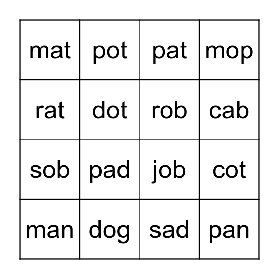 CVC Words Bingo Card