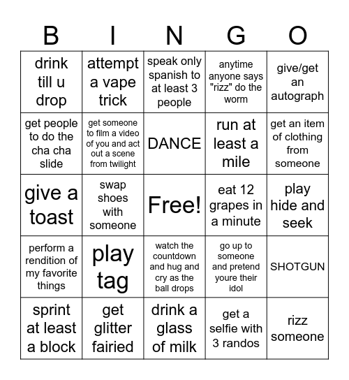 NYE Eleanor Bingo Card