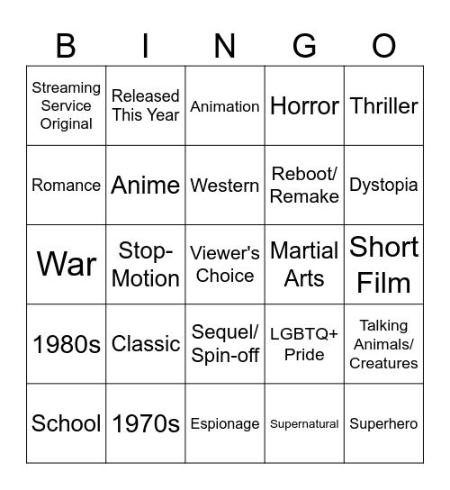 Movie/TV Bingo 2025 Bingo Card