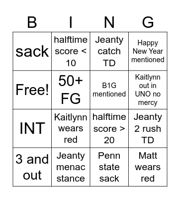 Boise State vs Penn State Bingo Card