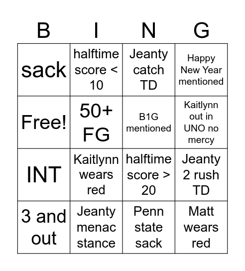 Boise State vs Penn State Bingo Card