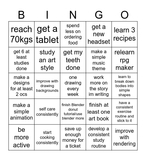 New years resolution/goals Bingo Card