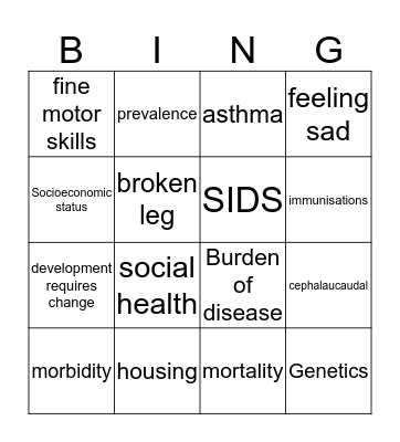 Child health and dev Bingo Card