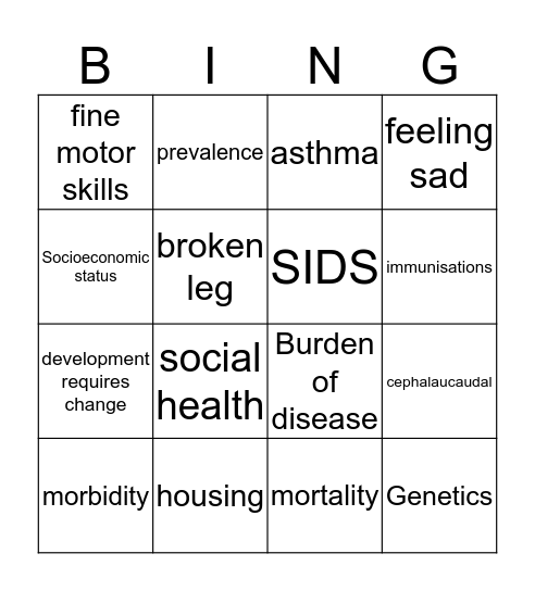 Child health and dev Bingo Card