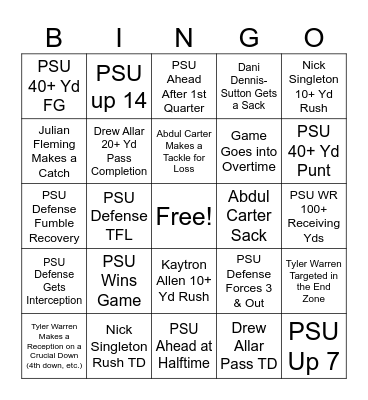 Penn State Football Bingo Card