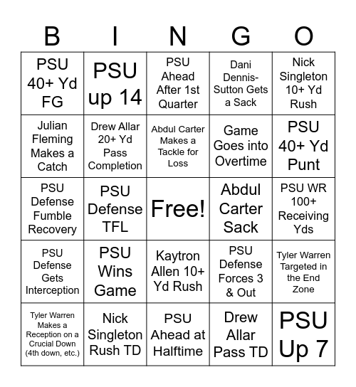 Penn State Football Bingo Card